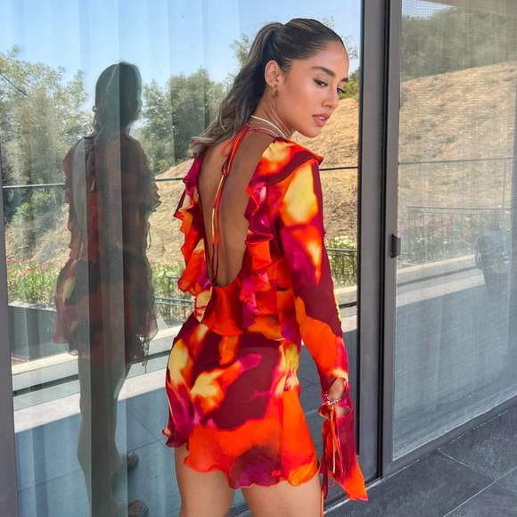 Rat & Boa Dali Red Watercolor Ruffle Tie Front Sheer Low Back Mini Dress XS - Picture 4 of 15